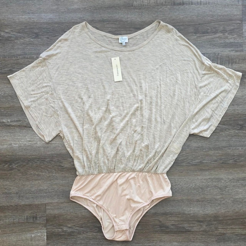 Francesca's Heather Oat Oversized Bodysuit XL Tan Dolman Sleeve Cotton NWT